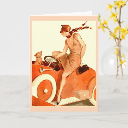 1920s vrouw, auto en hond kaart (Gele Bloem)