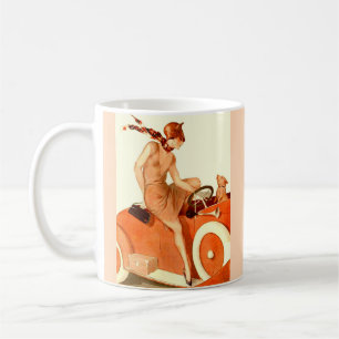 1920s vrouw, auto en hond koffiemok