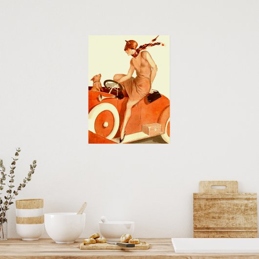 1920s vrouw, auto en hond poster (Keuken)