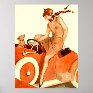 1920s vrouw, auto en hond poster