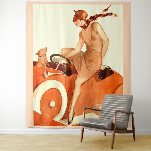 1920s vrouw, auto en hond wandkleed (In situ)