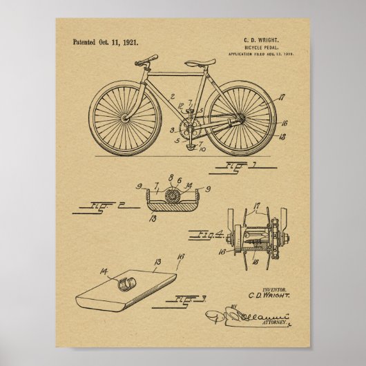 1921 Bicycle Pedal Design Patent Art-afdrukken Poster (Voorkant)