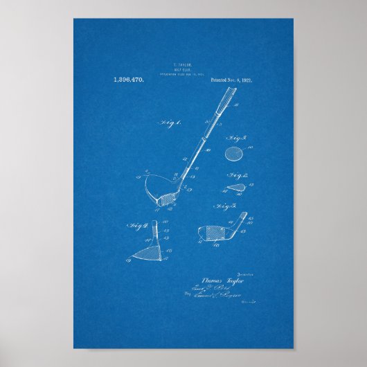 1921  Golf Club Patent Blueprint Art Print (Voorkant)