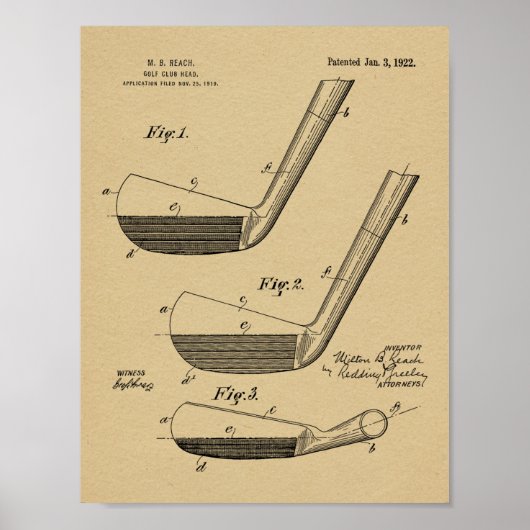 1922 Golf Club Head Design Patent Art Print (Voorkant)