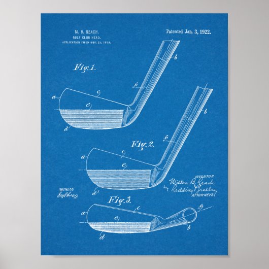 1922 Golf Club Head Design Patent Art Print (Voorkant)