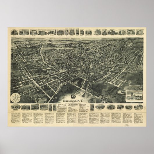 1922 Middletown, NY Birds Eye Uitzicht Panorama Poster (Voorkant)