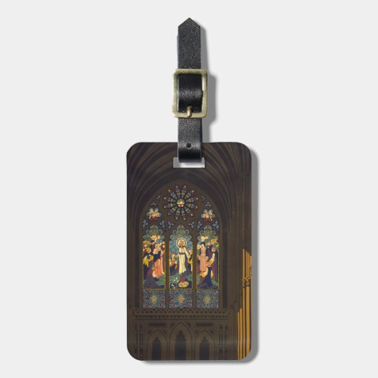 1923 Poster van een kerk met Glazen in lood raam. Bagagelabel (Voorkant verticaal)