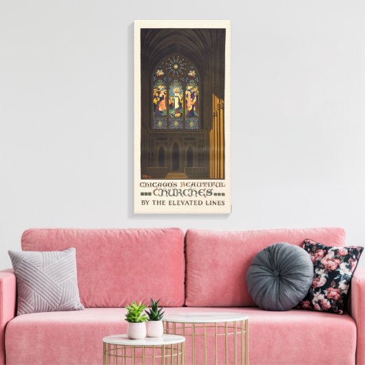 1923 Poster van een kerk met Glazen in lood raam. Canvas Afdruk (Insitu (Woonkamer))