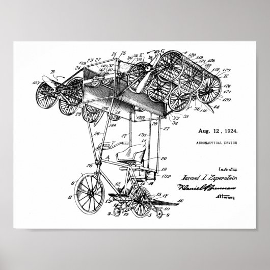 1924 Flying Bicycle Airplane Patent Drawing Print (Voorkant)