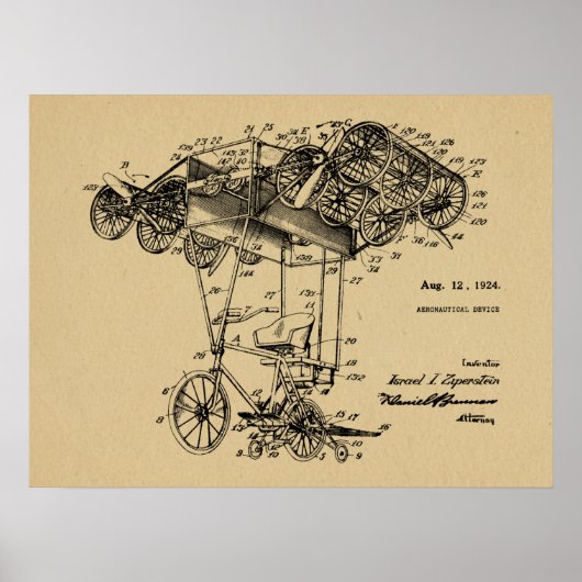 1924 Flying Bicycle Airplane Patent Drawing Print (Voorkant)