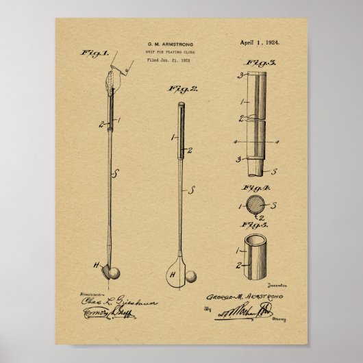 1924 Golf Club Grip Patent Art Drawing Print (Voorkant)
