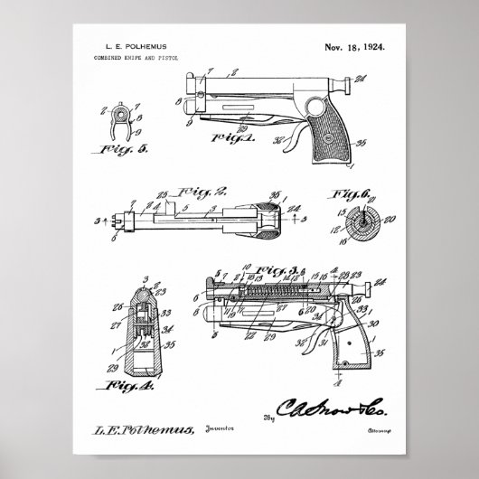 1924 Knife Kunsttekening Pistool Patent Poster (Voorkant)