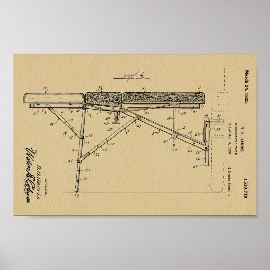 1925  Chiropractic Table Patent Art-afdrukken Poster (Voorkant)
