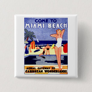 1925 Miami Beach Reizen Poster Vierkante Button 5,1 Cm
