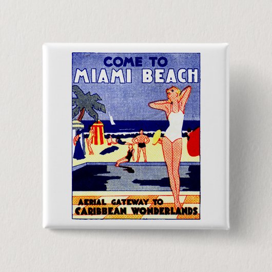 1925 Miami Beach Reizen Poster Vierkante Button 5,1 Cm (Voorkant)