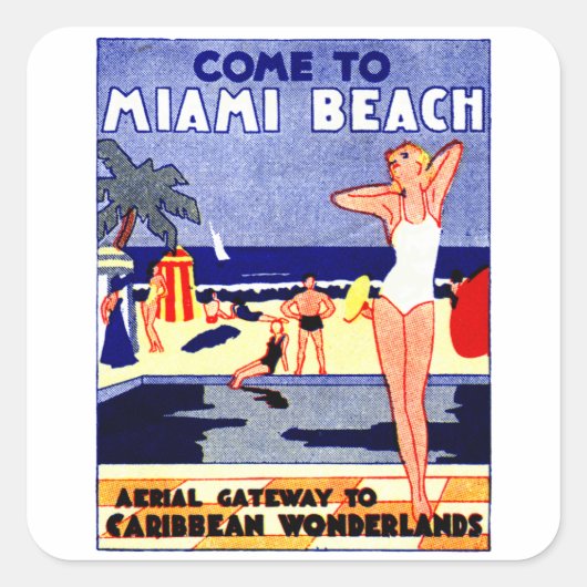 1925 Miami Beach Reizen Poster Vierkante Sticker (Voorkant)