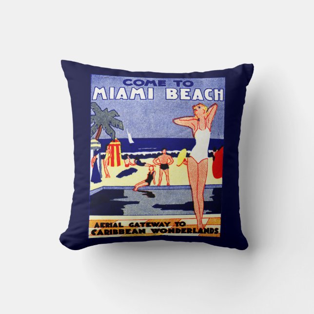 1925 Miami Beach Travel Poster Kussen (Voorkant)