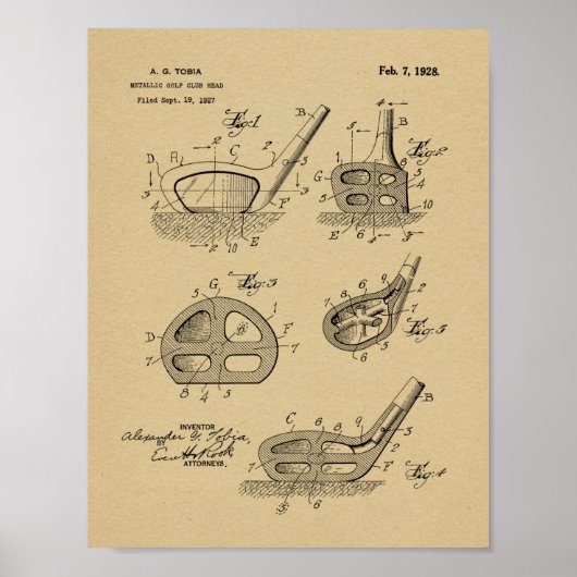 1928 Golf Club Head Design Patent Art Print (Voorkant)