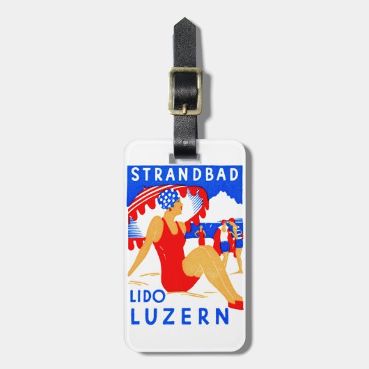 1929 Art Deco Strandbad Lido Luzern Bagagelabel (Voorkant verticaal)