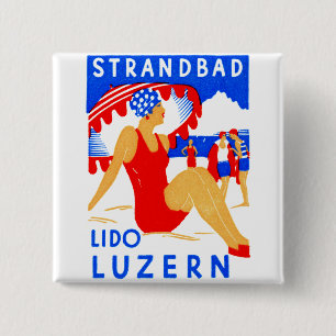 1929 Art Deco Strandbad Lido Luzern Vierkante Button 5,1 Cm