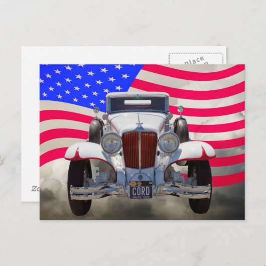 1929 Cord 6-29 Cabriolet en Amerikaanse vlag Briefkaart (Voorkant / Achterkant)