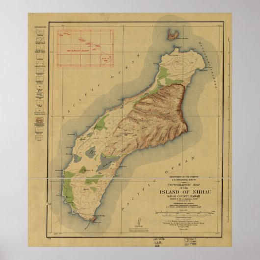 1929 Kaart van Niihau, Hawaiiaanse eilanden Poster (Voorkant)
