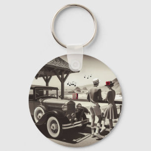 1930 Antieke Auto Koppel Zwart Witte Papieren Serv Sleutelhanger