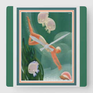 1930 Art Deco Swimmer/Resort and Wall Clock Vierkante Klok