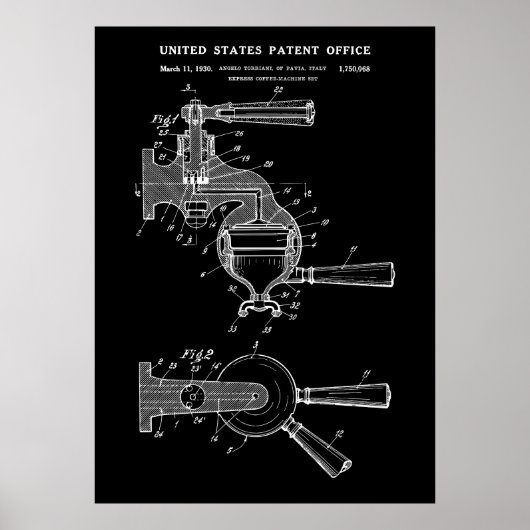 1930 ESPRESSO KOFFIEMACHINE patent Poster (Voorkant)