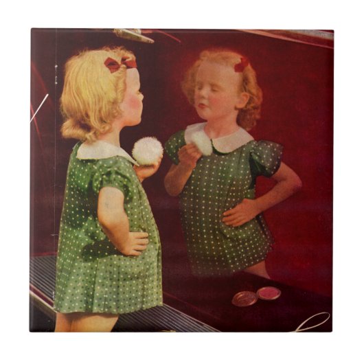 1930 klein meisje dat in de spiegel kijkt tegeltje (Voorkant)