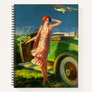 1930 vrouw auto en vliegtuig print notitieboek