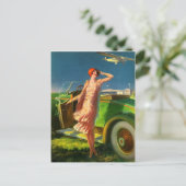 1930 Vrouwelijke auto en vliegtuig Briefkaart (Staand voorkant)