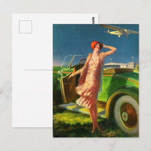 1930 Vrouwelijke auto en vliegtuig Briefkaart (Voorkant / Achterkant)