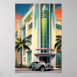 1930s art deco gebouw ingang airbrush kunst poster<br><div class="desc">Gestileerde airbrush schilderij van het entreegebied van een art deco gebouw in de jaren 1930 met een roadster geparkeerd in de voorkant. Gemaakt met behulp van generatieve algoritmen en Photoshop.</div>