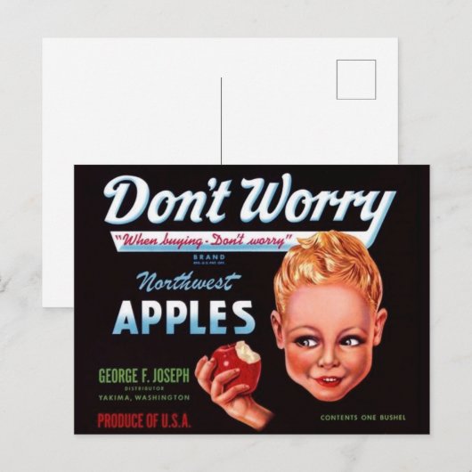 1930s Don't Worry brand appels fruit crate label Briefkaart (Voorkant / Achterkant)