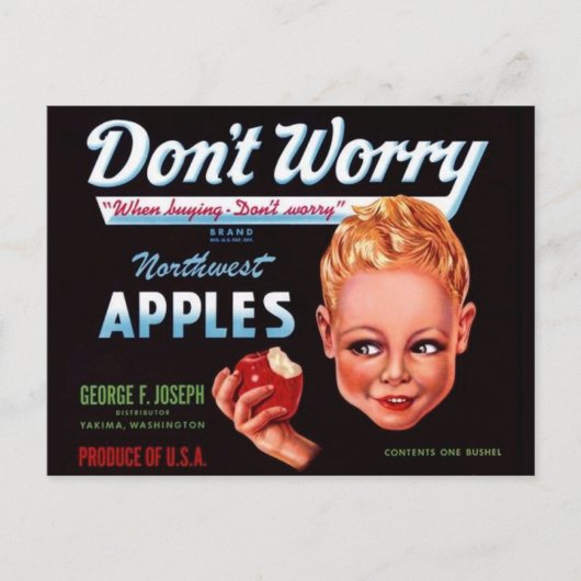 1930s Don't Worry brand appels fruit crate label Briefkaart (Voorkant)