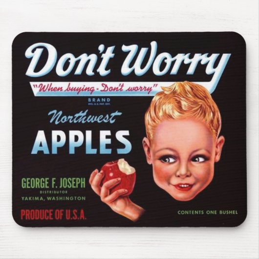 1930s Don't Worry brand appels fruit crate label Muismat (Voorkant)