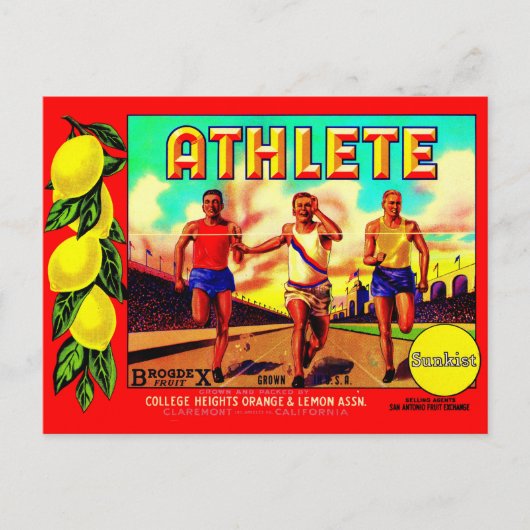 1930s Etiket van atlete-vruchten Briefkaart (Voorkant)