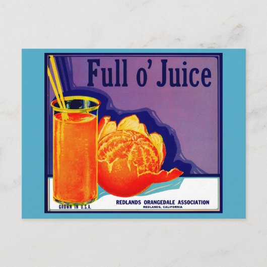 1930s Full o’ Juice sinaasappel krat label Briefkaart (Voorkant)