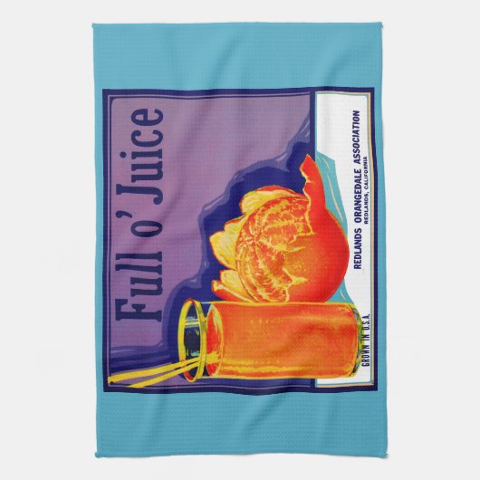 1930s Full o’ Juice sinaasappel krat label print Theedoek (Verticaal)