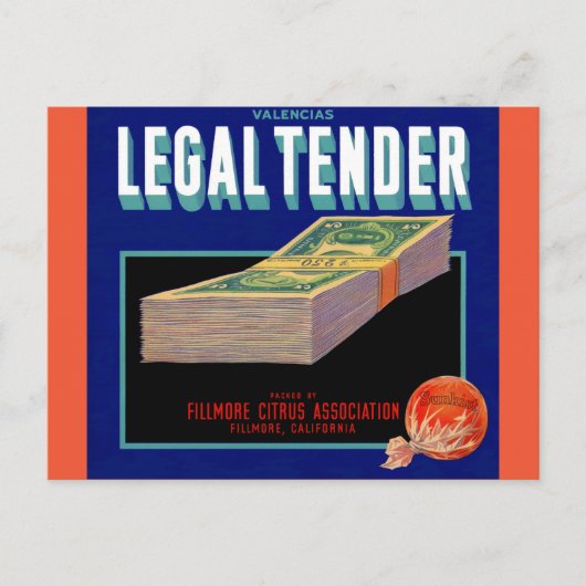 1930s Legal Tender oranje crate label Briefkaart (Voorkant)