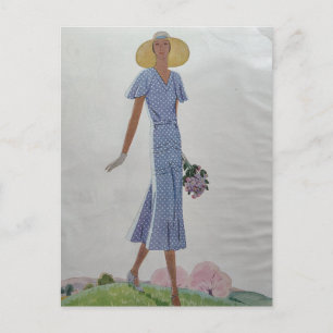 1930s Mode Vrouw in blauwe en witte jurk  Briefkaart