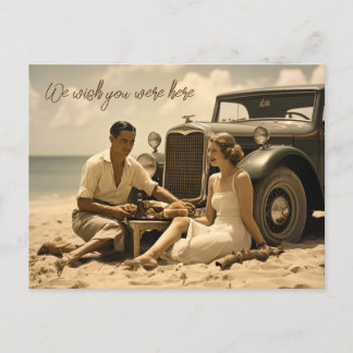 1930s retro picknick op het strand door een roadst briefkaart
