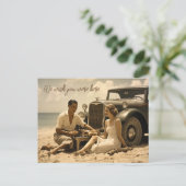 1930s retro picknick op het strand door een roadst briefkaart (Staand voorkant)