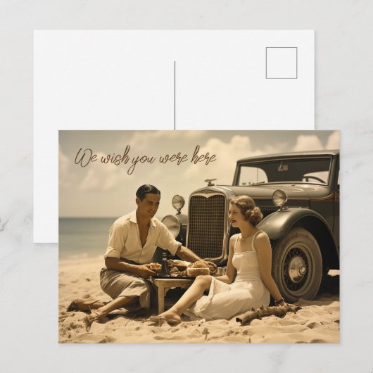 1930s retro picknick op het strand door een roadst briefkaart (Voorkant / Achterkant)