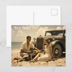 1930s retro picknick op het strand door een roadst briefkaart