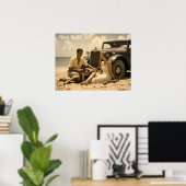 1930s retro picknick op het strand door een roadst poster (Thuiskantoor)