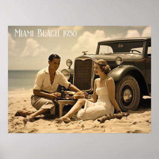 1930s retro picknick op het strand door een roadst poster (Voorkant)