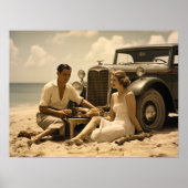 1930s retro picknick op het strand door een roadst poster (Voorkant)