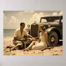 1930s retro picknick op het strand door een roadst